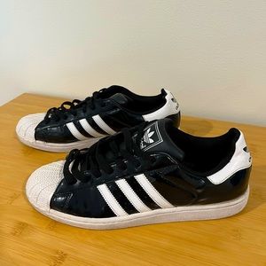 Adidas Superstar - shiny, black. Used.  Decent condition